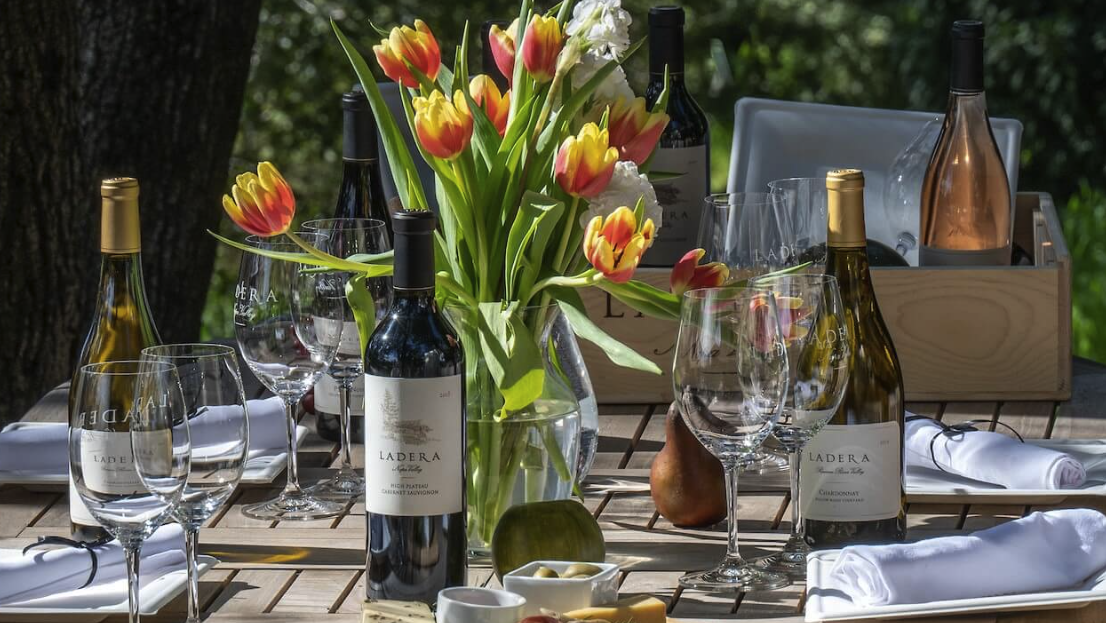 ladera wines on table with flowers